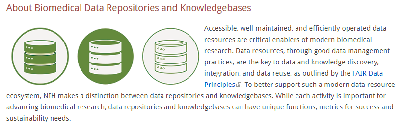 Screenshot of the NIH Office of Data Science Strategy website on Biomedical Data Repositories and Knowledgebases