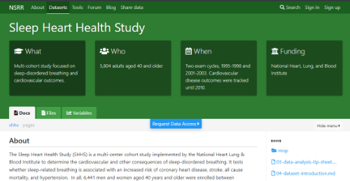 Screentshot of the Sleep Heart Health Study page