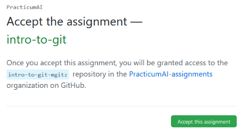 Screenshot of the accept assignment page in GitHub Classroom