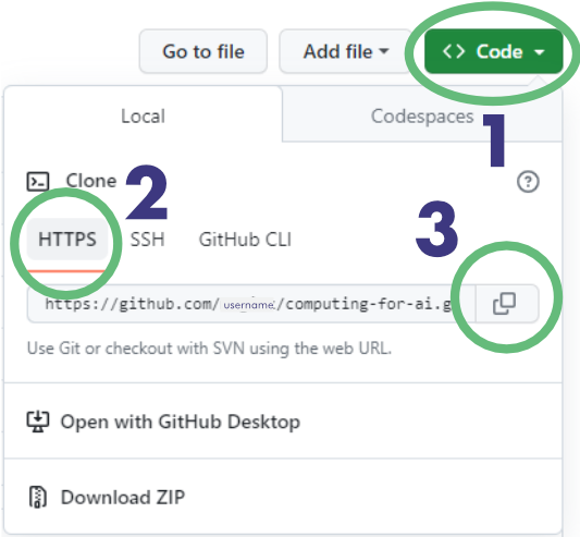 Screenshot of the buttons to click to get the clone link for your repository using HTTPS