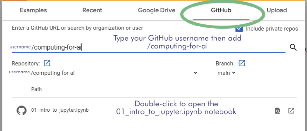 Screenshot of the Google Colab Open window with the GitHub tab circled