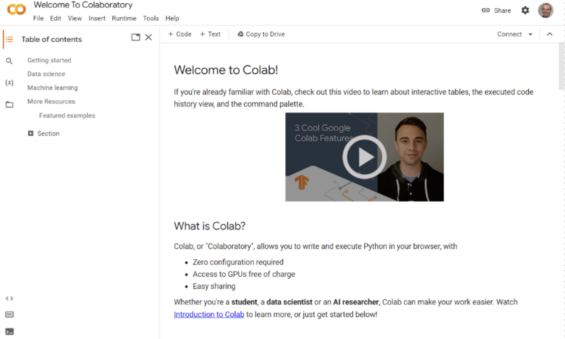 Screenshot of the Welcome to Colab notebook