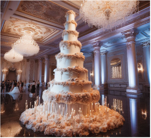 A large cake with candles and flowers in a room with people.