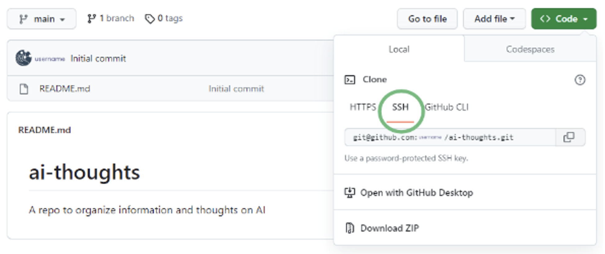 Screenshot of cloning your ai_thoughts repo using the ssh tab