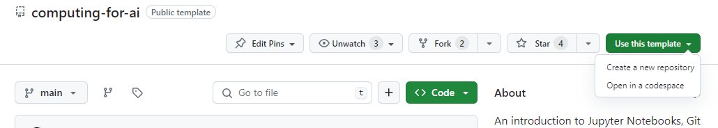 Screenshot of the Use this template button in GitHub