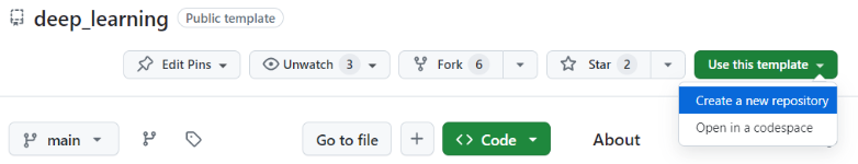 Screenshot of the "use this template" button on the Practicum AI Deep Learning repository at GitHub.com