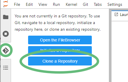 Screenshot of the Jupyter screen, showing the git tab and the Clone a repository button