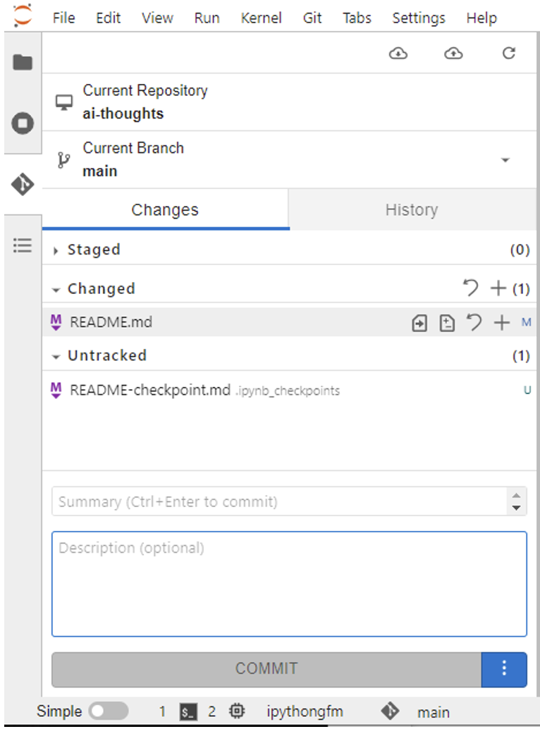 Screenshot of the git tab showing parts of the git workflow