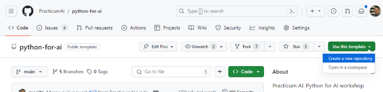 Screenshot of the "use this template" button on the Practicum AI Python for AI repository at GitHub.com