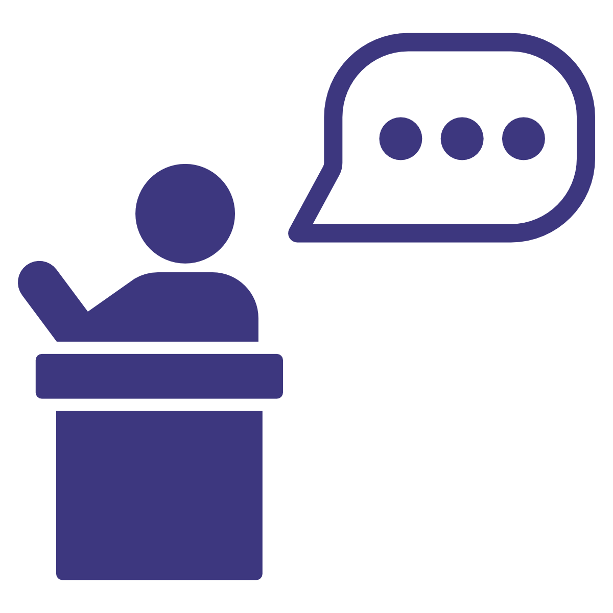 A person at a podium with a speech bubble